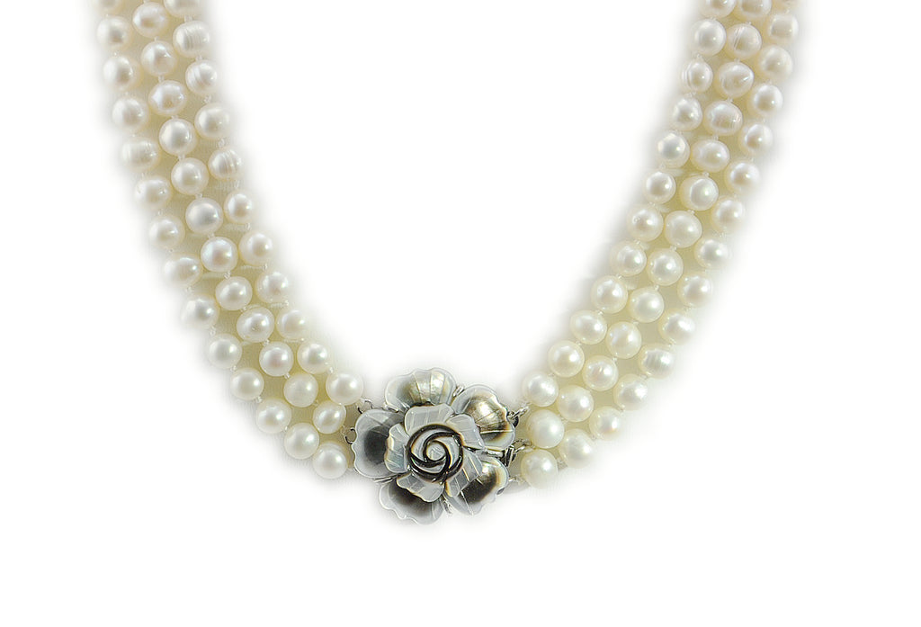 7-8mm white Freshwater Pearl 3 Row Necklace with Mother of Pearl Flower Clasp