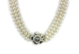 7-8mm white Freshwater Pearl 3 Row Necklace with Mother of Pearl Flower Clasp