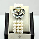 7-8mm Genuine Freshwater Pearl 3 Row Bracelet w/ mother of pearl Flower Clasp
