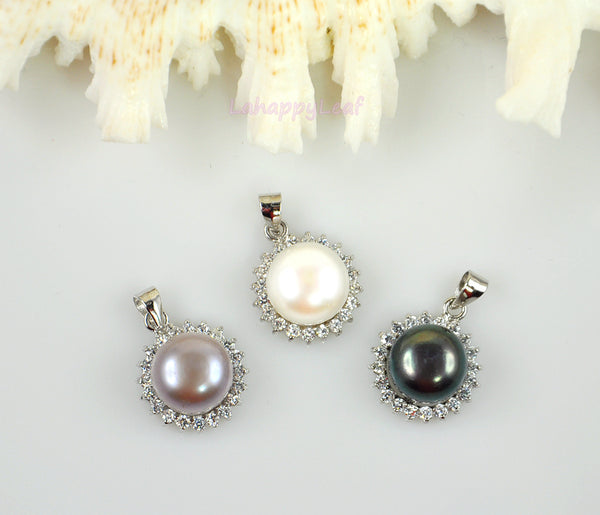 10-11mm white Freshwater Pearl Sterling Silver Russian CZ Pendant Necklace 18"