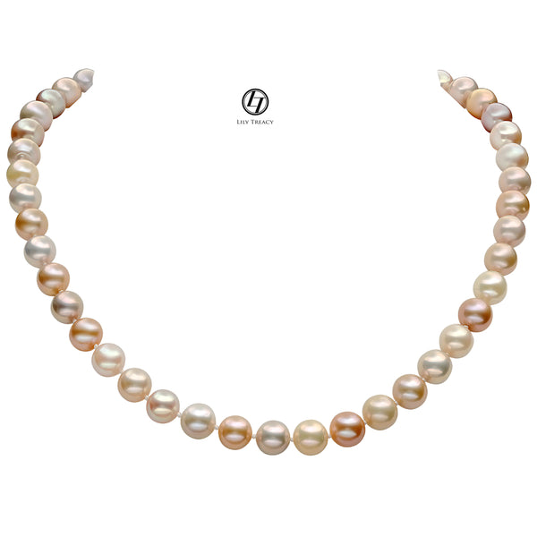 Lily Treacy 9-10mm Freshwater Pearl Metallic multi-color Necklace Strand with Top CZ Fancy Clasp