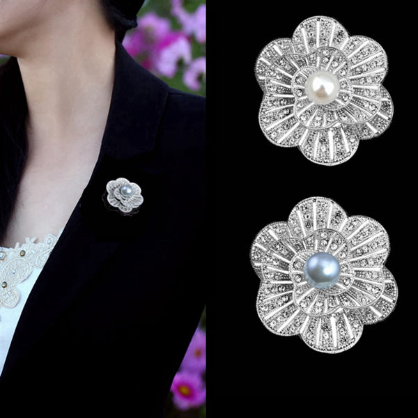 Pearl Brooch Pin with Russian CZ flower White or black for Bridal Wedding Gift