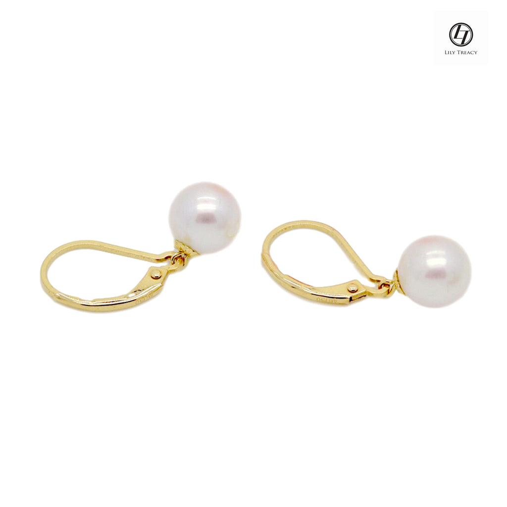 Japanese Akoya Pearl Earrings French hoop white Pearl drop dangle 18K Solid Gold bridal 7.5-8;8-8.5; 8.5-9; 9-9.5; 9.5-10mm