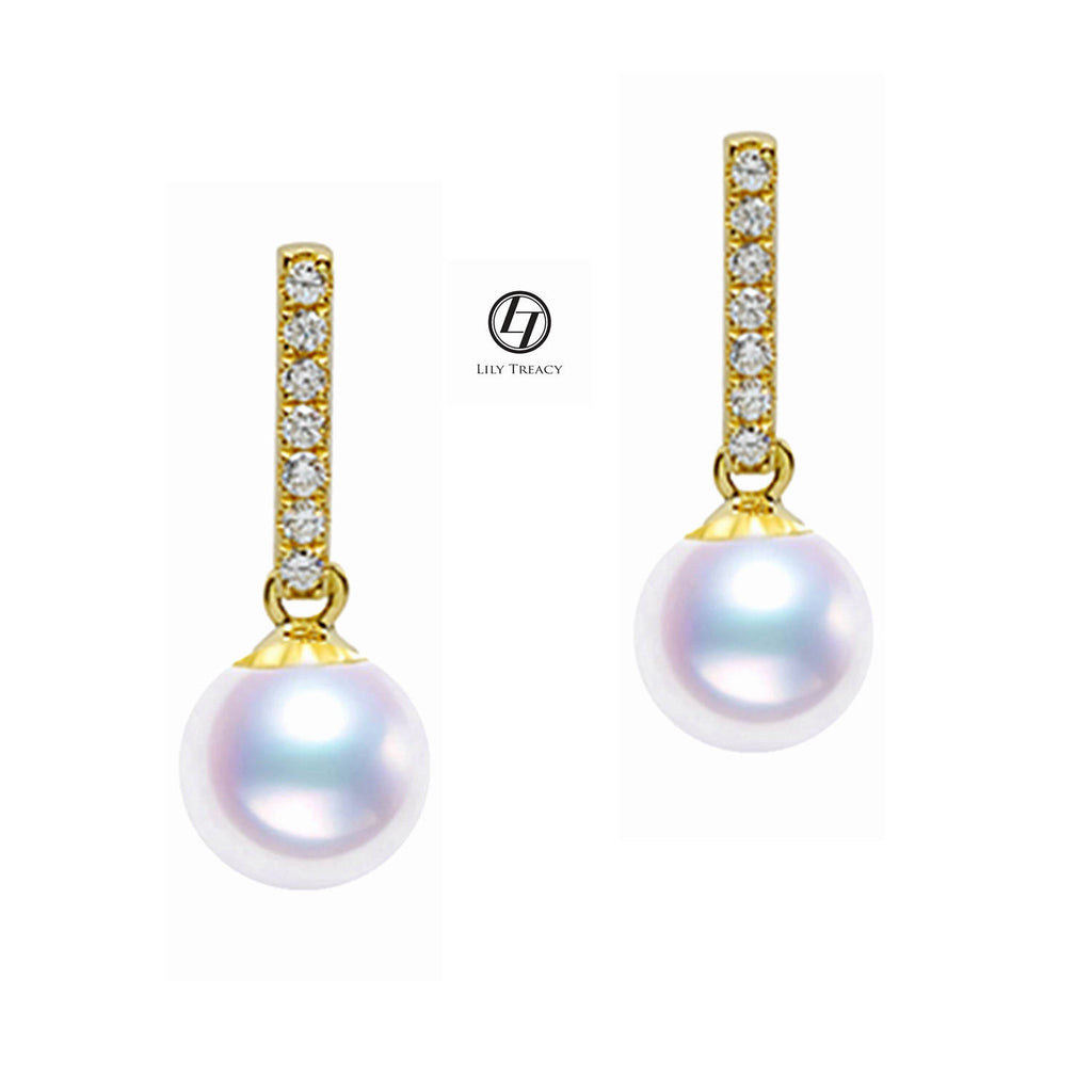 Lily Treacy 7.5-8mm akoya Pearl dangle earrings 14K Gold and Diamond Celine Earrings
