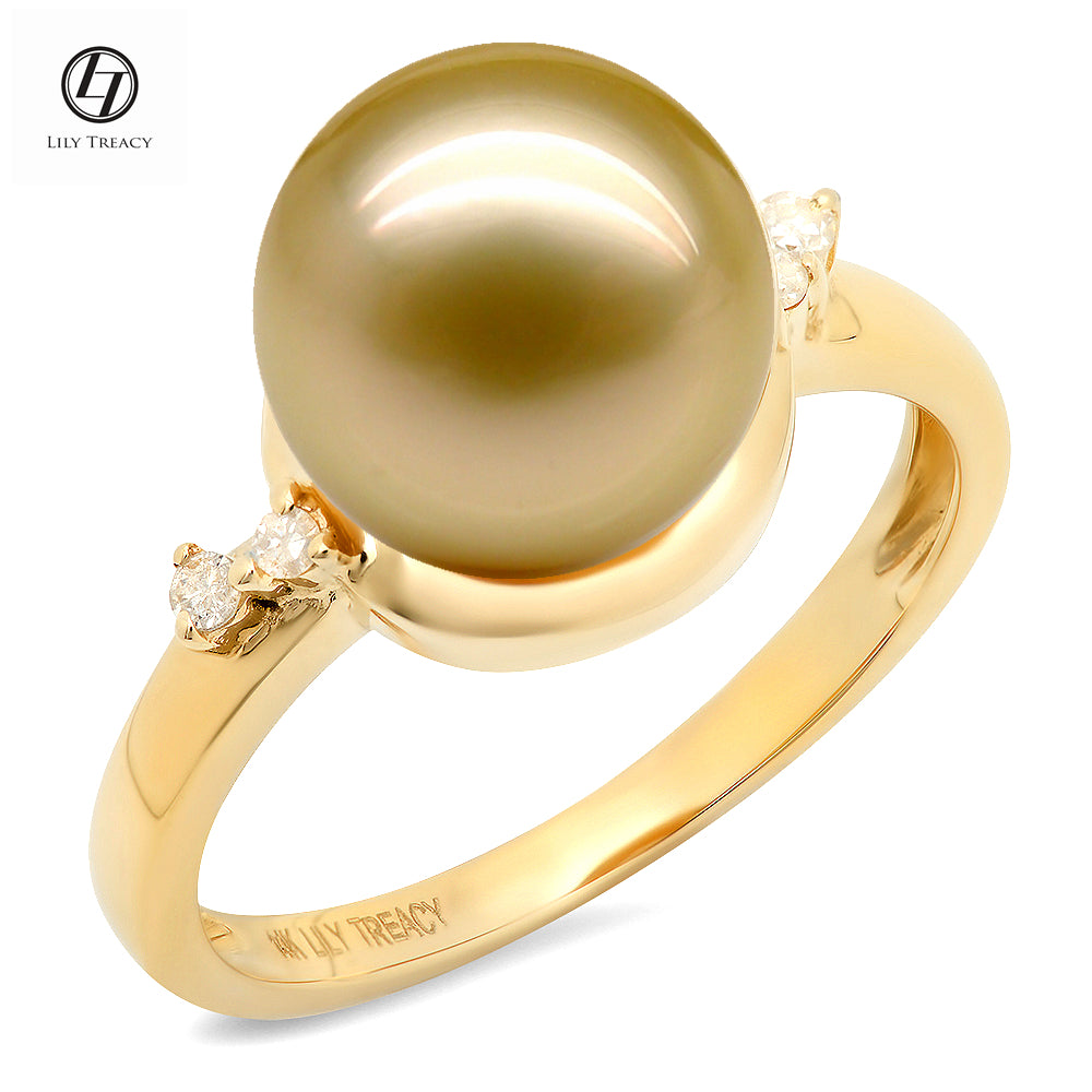 LILY TREACY 10-11mm Golden South Sea Pearl Diamonds Monica Ring size 6,7,8
