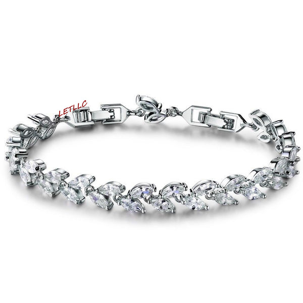 Tennis Bracelet CZ Marquise Cut White Leaf 7"-8" w/ extra link extension bridal