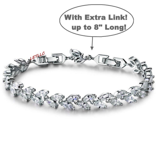 Tennis Bracelet CZ Marquise Cut White Leaf 7"-8" w/ extra link extension bridal