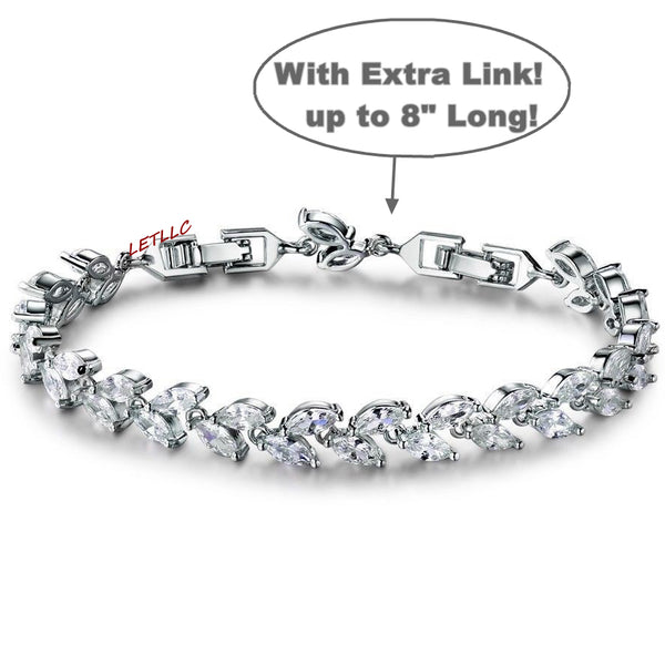 Tennis Bracelet CZ Marquise Cut White Leaf 7"-8" w/ extra link extension bridal
