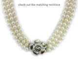 7-8mm Genuine Freshwater Pearl 3 Row Bracelet w/ mother of pearl Flower Clasp