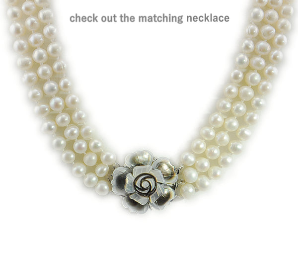 7-8mm Genuine Freshwater Pearl 3 Row Bracelet w/ mother of pearl Flower Clasp