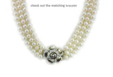 7-8mm white Freshwater Pearl 3 Row Necklace with Mother of Pearl Flower Clasp