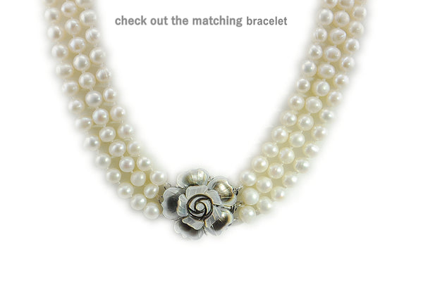7-8mm white Freshwater Pearl 3 Row Necklace with Mother of Pearl Flower Clasp