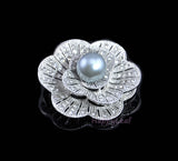 Pearl Brooch Pin with Russian CZ flower White or black for Bridal Wedding Gift