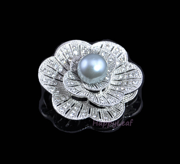 Pearl Brooch Pin with Russian CZ flower White or black for Bridal Wedding Gift