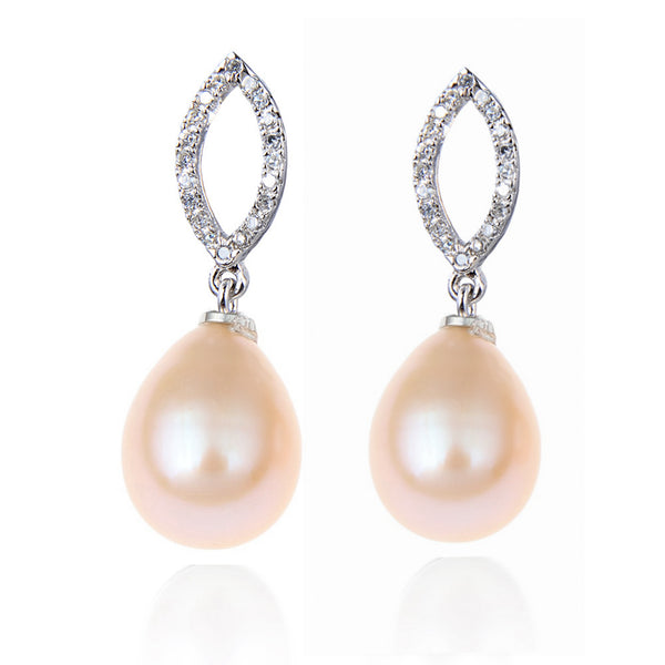 11-12mm Freshwater pearl dangle drop Earrings Sterling Silver CZ bridal white