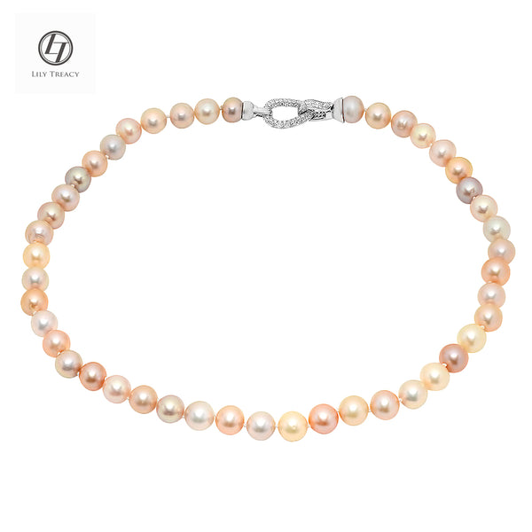 Lily Treacy 9-10mm Freshwater Pearl Metallic multi-color Necklace Strand with Top CZ Fancy Clasp