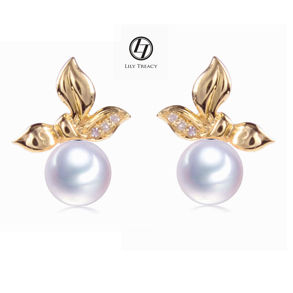 LILY TREACY 7.5-8mm Japanese Akoya pearl ear studs earrings IN GOLD AND DIAMOND Janet EARRINGS