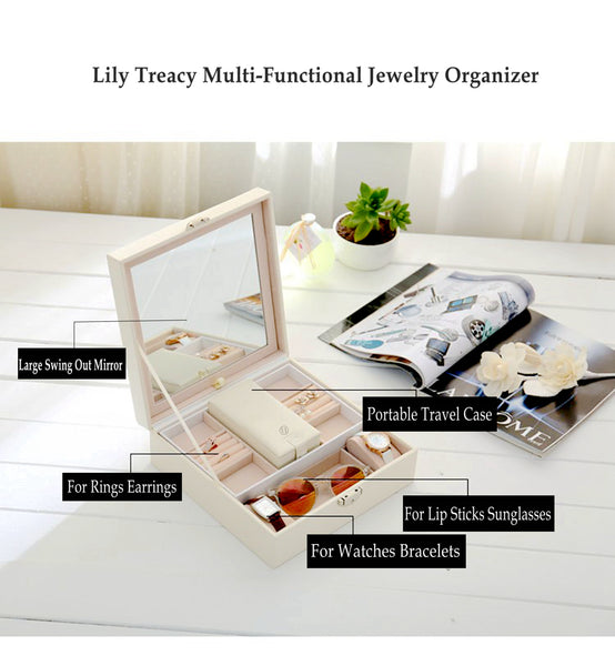 Lily Treacy Wooden Jewelry Make up Organizer Case Box 2-tray with Extra Travel case