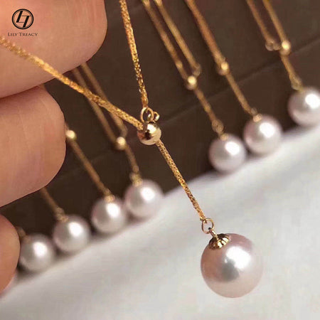 Japanese Akoya Pearl Pendant necklace white 18K Solid Yellow Gold clasp 7-10mm Bridal June Birthstone