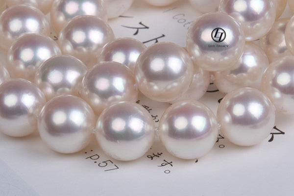 Japanese Akoya Pearl Necklace white strand 8.5-9/9-9.5/9.5-10mm 14K gold clasp 18"