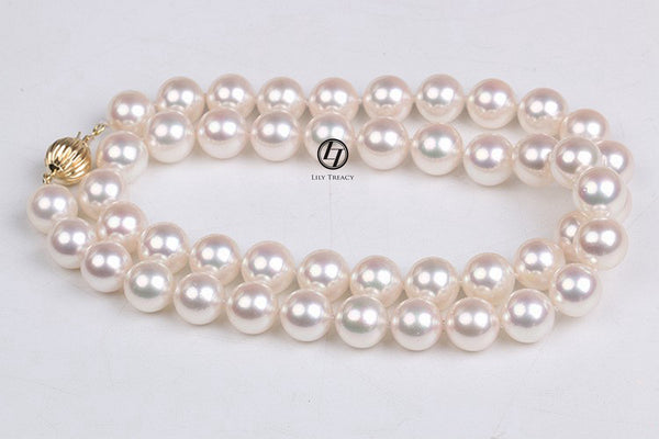 Japanese Akoya Pearl Necklace white strand 8.5-9/9-9.5/9.5-10mm 14K gold clasp 18"