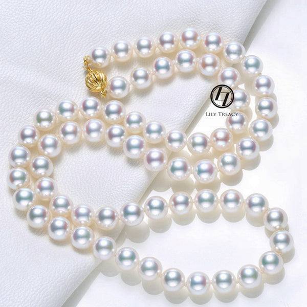 Japanese Akoya Pearl Necklace white strand 8.5-9/9-9.5/9.5-10mm 14K gold clasp 18"