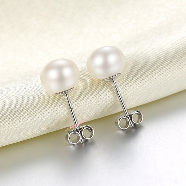 7-8mm White Freshwater Pearl Stud Earrings 925 Sterling Silver post & back bridal Gift