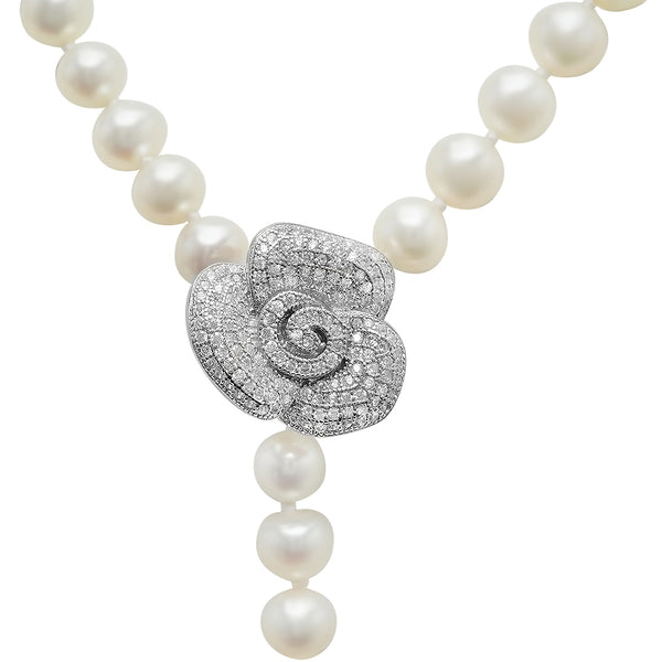 LilyTreacy Adjustable White Freshwater Pearl Necklace w/ CZ Rose Connector 30"