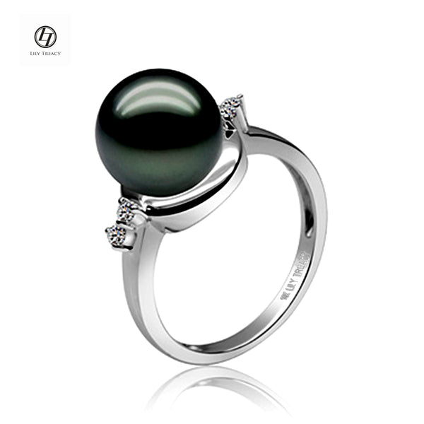Lily Treacy 10-11mm Tahitian black Pearl Diamond 14K white gold ring sz 7