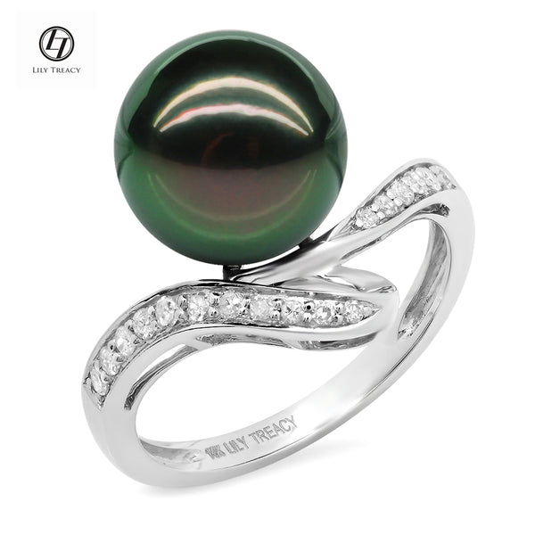 Lily Treacy 10-11mm Tahitian Pearl Solid White Gold Diamond Renee Ring