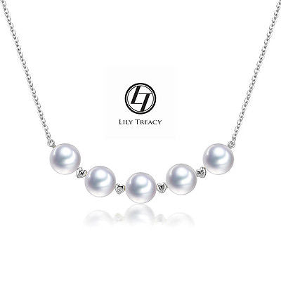 LilyTreacy Akoya Pearls White Gold diamond Station Necklace 18" with extension up to 20"