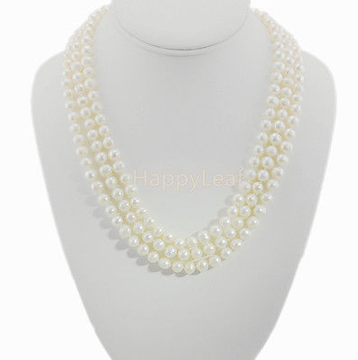7-8mm white Freshwater Pearl 3 Row Necklace with Mother of Pearl Flower Clasp