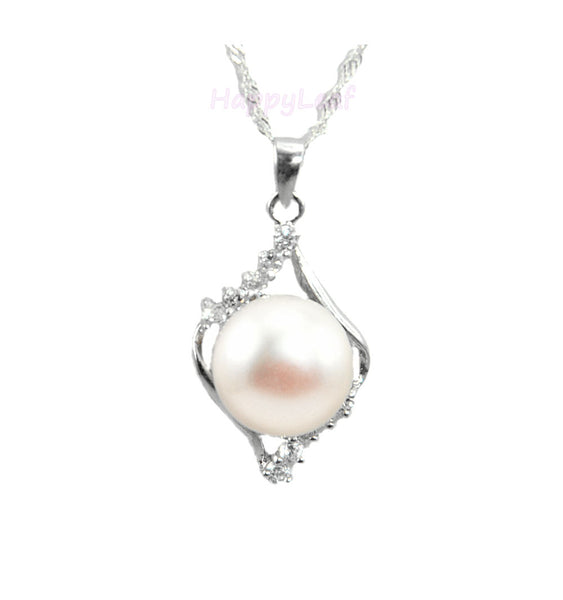 11mm white Freshwater Pearl Sterling Silver CZ Pendant Necklace Chain 18" Bridal