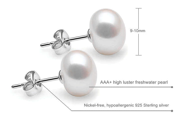 9-10mm white Freshwater Pearl Stud Earrings solid Sterling Silver back bridal June Birthstone