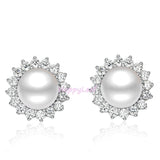 Stunning white Freshwater pearl Stud Earrings Sterling Silver CZHalo Gift bridal