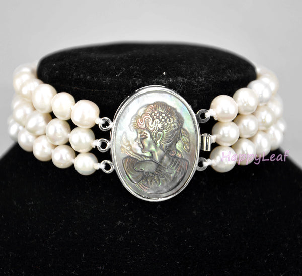 7-8mm Freshwater Pearl 3 Row Bracelet with Mother of Pearl Victorian Cameo