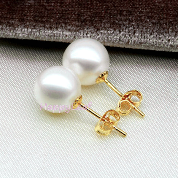 8-9mm Freshwater Pearl 18K Solid Gold Stud Earrings White Perfect Round