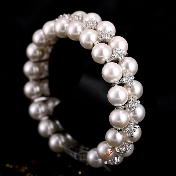 LilyTreacy Pearl Bracelet double row Quality 8mm Shell Pearl & Top CZ white 7.5"