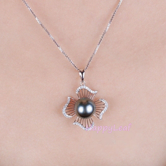 LilyTreacy white black Freshwater Pearl Diamonique 925silver pendant Necklace18"