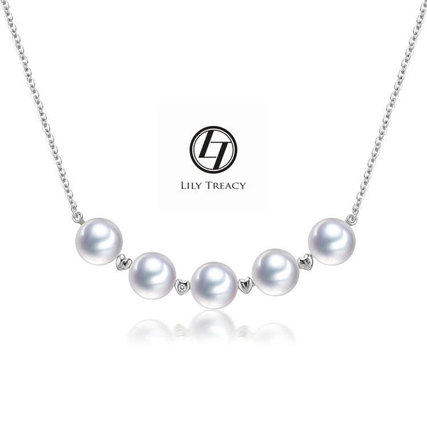 LilyTreacy Akoya Pearls White Gold diamond Station Necklace 18" with extension up to 20"