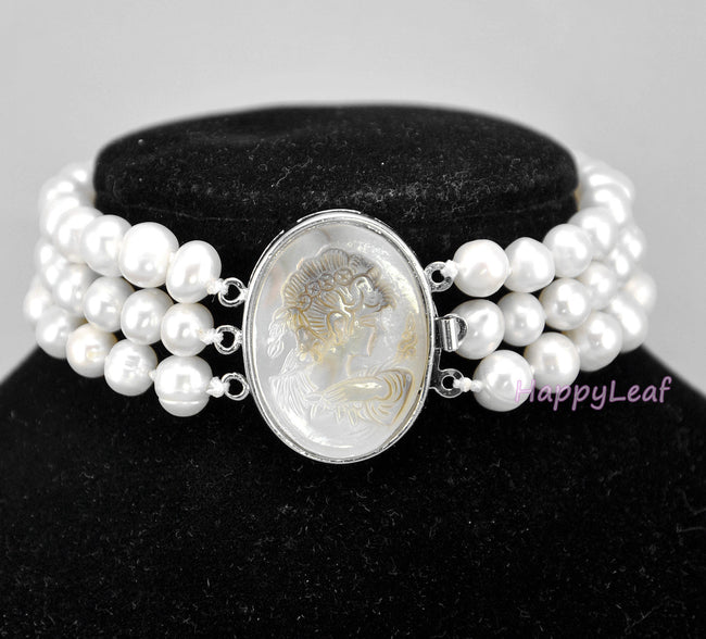 7-8mm Freshwater Pearl 3 Row Bracelet with Mother of Pearl Victorian Cameo