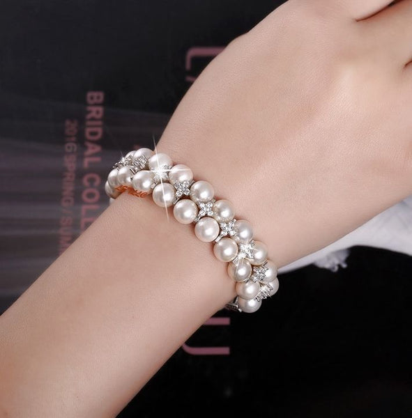 LilyTreacy Pearl Bracelet double row Quality 8mm Shell Pearl & Top CZ white 7.5"