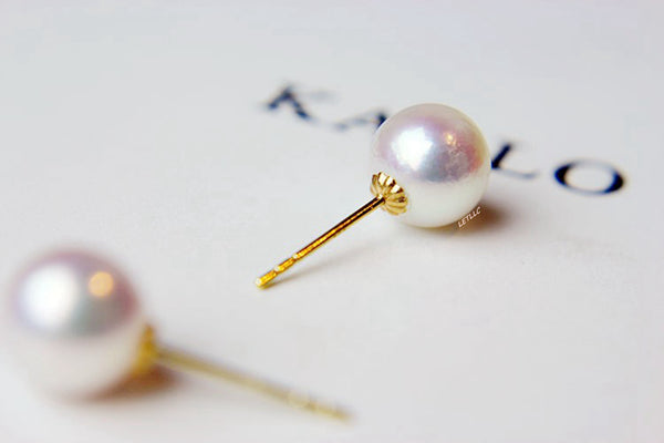 Lily Treacy White Japan Akoya Saltwater Pearl 18K Solid Yellow Gold Stud Earrings 5.5-6mm; 7-7.5mm