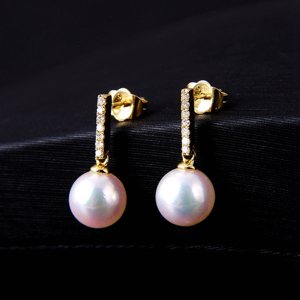 Lily Treacy 7.5-8mm akoya Pearl dangle earrings 14K Gold and Diamond C