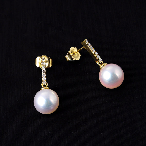 Lily Treacy 7.5-8mm akoya Pearl dangle earrings 14K Gold and Diamond Celine Earrings