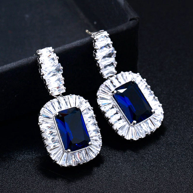 CZ Dangle Drop Earrings 5ct Simulated Sapphire in LED light box Vintage Style blue by Lily Treacy