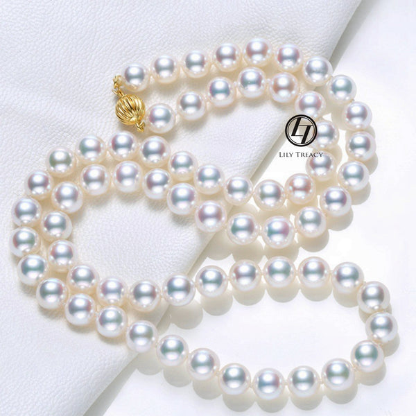 Lily Treacy Akoya Pearl Necklace strand 8-8.5mm 14K gold clasp Japanese white 18" bridal wedding
