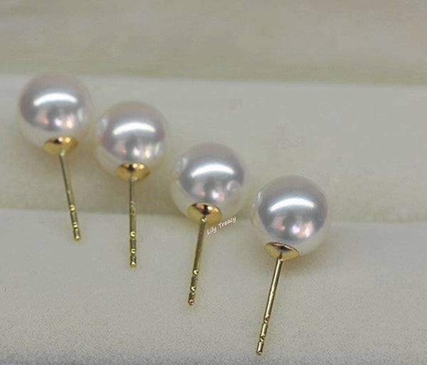 Lily Treacy Japanese Akoya Saltwater Pearl 18K Solid Yellow, White Or Rose Gold Stud Earrings 7.5-8mm Bridal June Birthstone