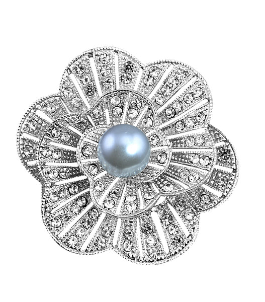 Pearl Brooch Pin with Russian CZ flower White or black for Bridal Wedding Gift