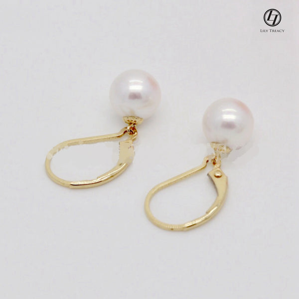 Japanese Akoya Pearl Earrings French hoop white Pearl drop dangle 18K Solid Gold bridal 7.5-8;8-8.5; 8.5-9; 9-9.5; 9.5-10mm